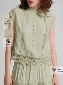 Ontre Women's Lace Patchwork Fashion Hollow Pleated Round Neck Top Sweet - Green - View 1