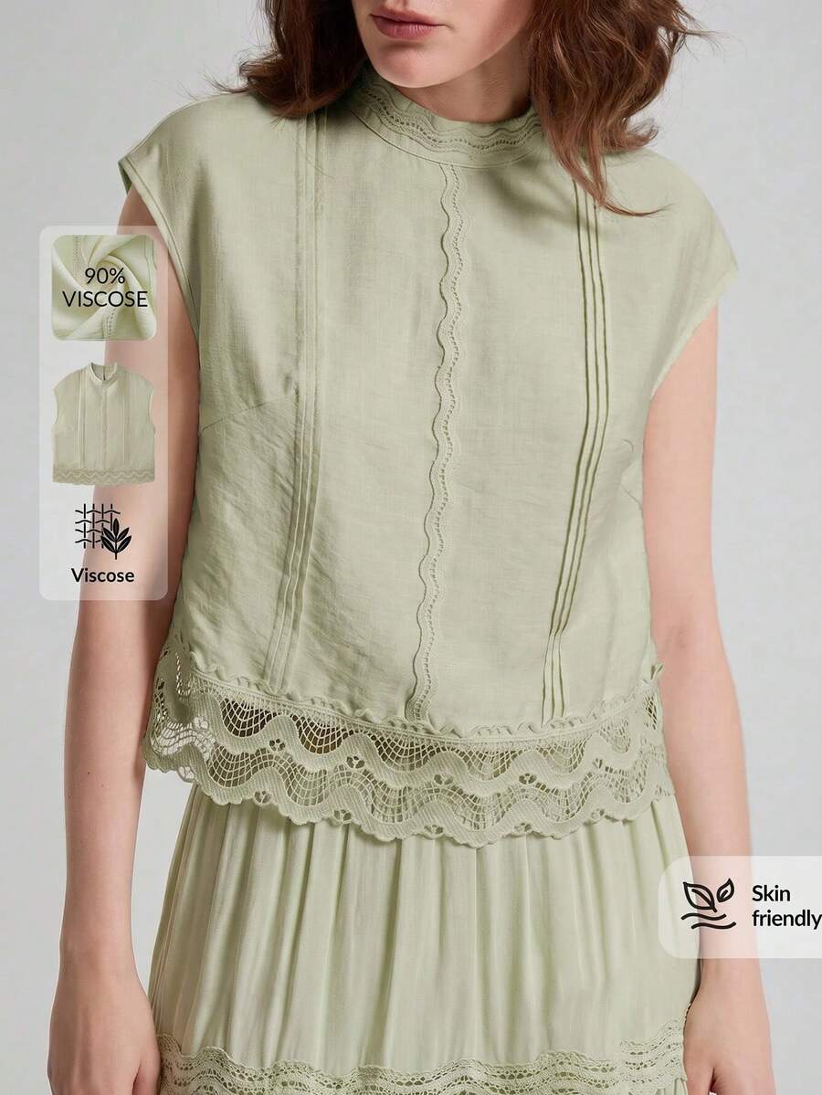 Ontre Women's Lace Patchwork Fashion Hollow Pleated Round Neck Top Sweet - Green - View 1