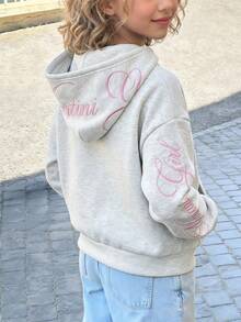 SHEIN 青少年女孩寬鬆休閒極簡舒適日常街頭風粉色字母刺繡連帽寬鬆版貼口袋前開襟拉鍊短版長袖運動外套灰色返校穿搭 - 淺灰色 - 查看 4