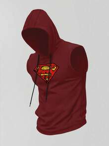 SUPERMAN X SHEIN 男士夏季連帽運動背心 - 酒紅色 - 查看 3