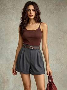 Franclia Women's Brown Striped Summer Elegant Brunch Two-Piece Set,Stretch Knit Cami Tank Top & Vertical Stripe Culottes With Belt,Casual Office Outfit - Brown - View 1