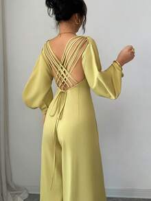 Elenzga Women's Solid Color V-Neck Casual Jumpsuit For Daily Wear - Mustard Yellow - View 4