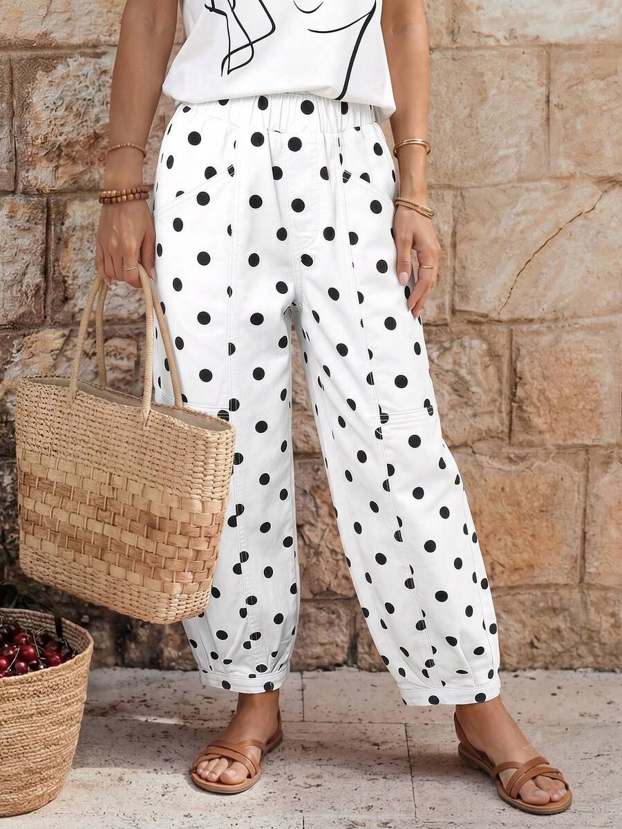 EMERY ROSE Celana Jeans Wanita Motif Polkadot dengan Ujung Bawah Dilipat - Hitam dan Putih - View 1