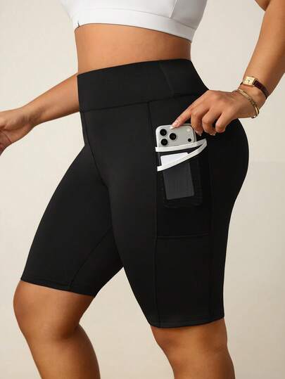 SHEIN Rhythm Era Women's Plus Size Solid Color High Waist Athletic Shorts With Pockets