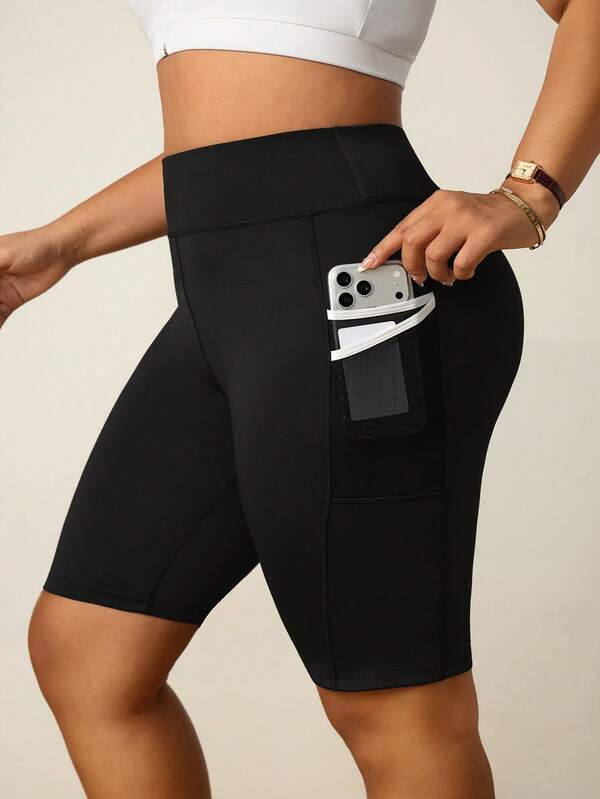 SHEIN Rhythm Era Shorts deportivos de cintura alta con bolsillos de unicolor para mujer talla grande