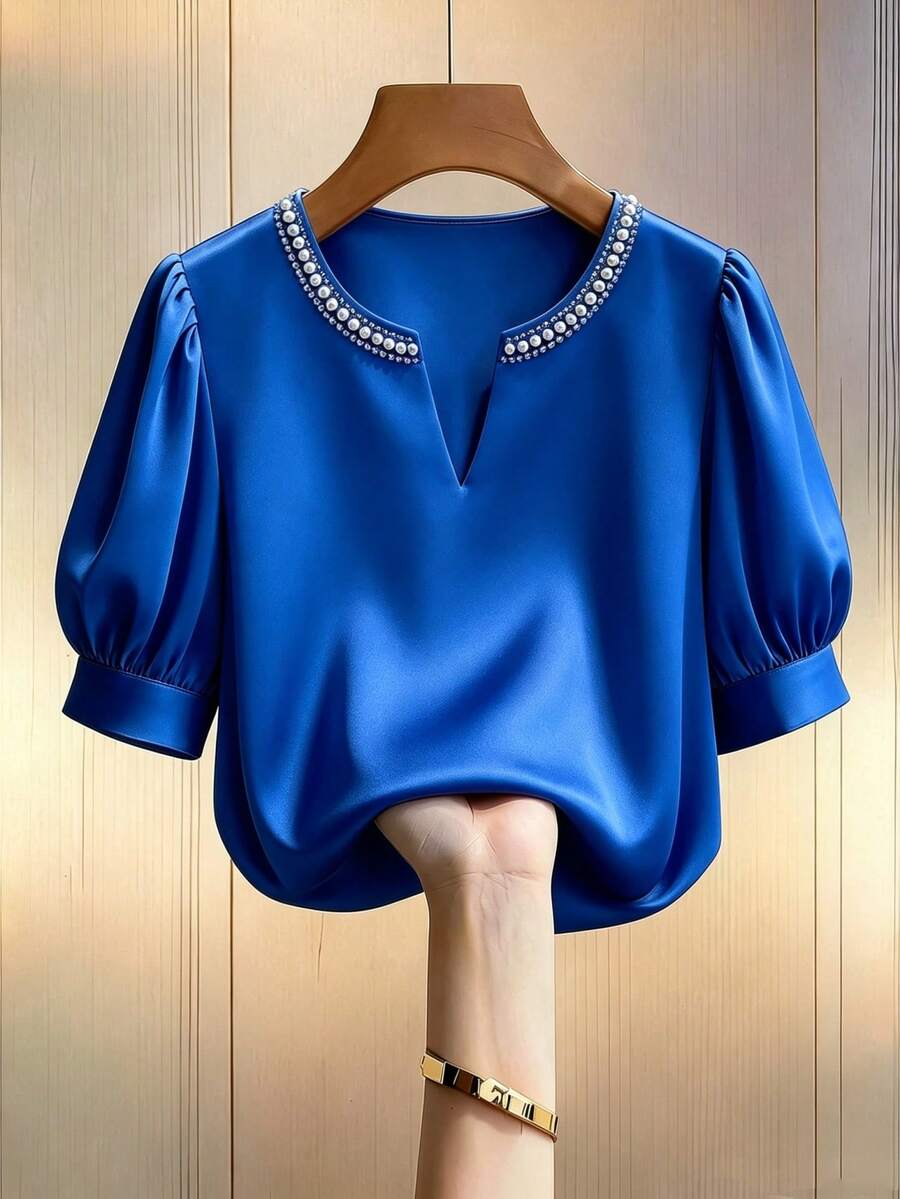 GlowEve CURVE Plus Size Women's Elegant Grooved Neckline Short Sleeve Casual Puff Sleeve Blouse, Decorated With Faux Pearl Accents, Made Of Satin Material, Loose Fit, Suitable For Commuting Wear, Showcasing Daily Elegant Style , Casual, Suitable For Women, Romantic, Valentine's Day, Date, Fashion Casual Commuting , Business Office Wear, Versatile And Fashionable Daily Casual , Urban Teacher Professional Attire - Blue - View 1