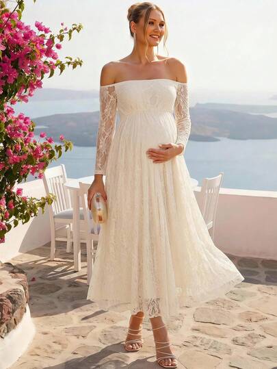 Loomaby Elegant Maternity Party Photoshoot Solid Color Lace Off-Shoulder Dress Wedding Floral White Autumn