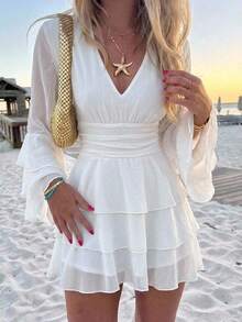 Aloruh Boho Romantic Tropical European Elegant White Deep V-Neck Multi-Layer Hem Bell Sleeve Fitted Waist Mini Dress For Women Wedding Vacation Beach Fall - Apricot - View 1