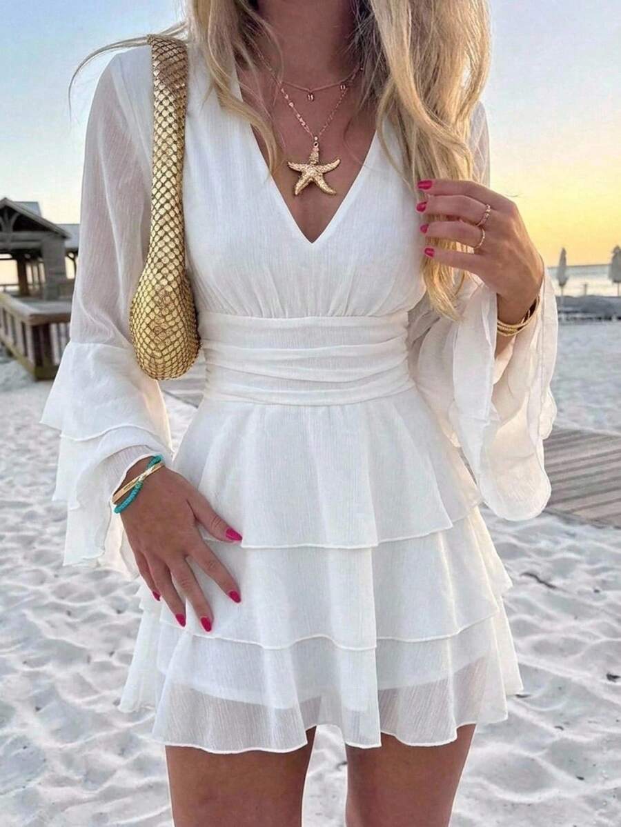 Aloruh Boho Romantic Tropical European Elegant White Deep V-Neck Multi-Layer Hem Bell Sleeve Fitted Waist Mini Dress For Women Wedding Vacation Beach Fall - Apricot - View 1