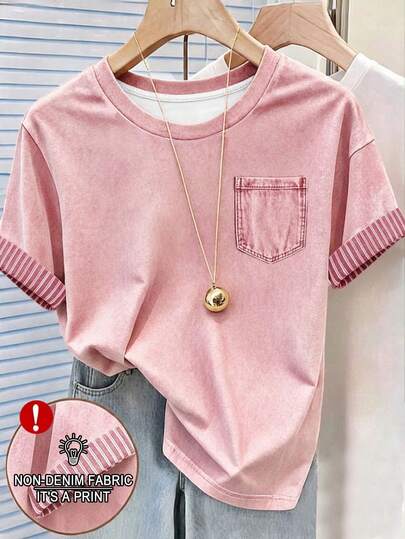 Franclia Women's Outerwear Top, Summer New Style, Pink, Round Neck Summer New T-Shirt, Student, Sports Cycling, Women's Contrast Sleeve T-Shirt