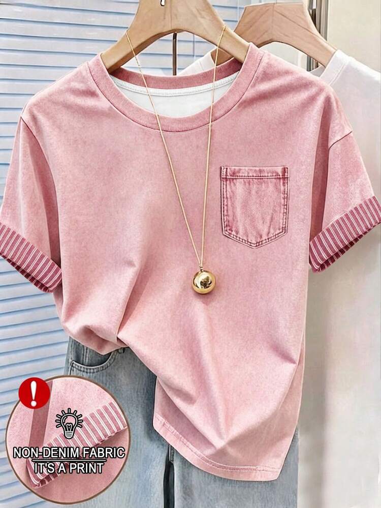 Franclia Women's Outerwear Top, Summer New Style, Pink, Round Neck Summer New T-Shirt, Student, Sports Cycling, Women's Contrast Sleeve T-Shirt - Multicolor - View 1
