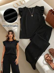Reflora Casual Smart Casual Vacation Black Fabric Plus Size Round Neck Ruffle Short Sleeve Loose Pants Two Pieces Set Suitable For Summer Black Set Vacation - Black - View 8