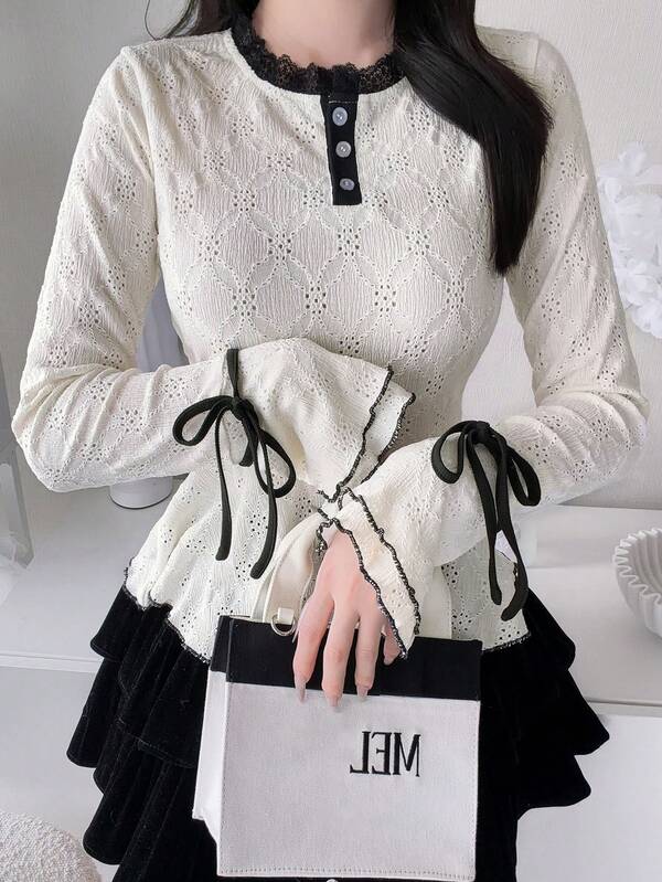 FRIFUL Women's Lace Patchwork Waist-Cinching Textured Tie-Front T-Shirt Long Sleeve