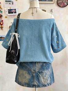 Lalippa 女款外穿上衣 夏季新款露肩短袖 T-shirt，攝影街頭風約會穿搭，圖案設計，藍色，戶外穿搭，露肩中長袖上衣 - 彩色 - 查看 2