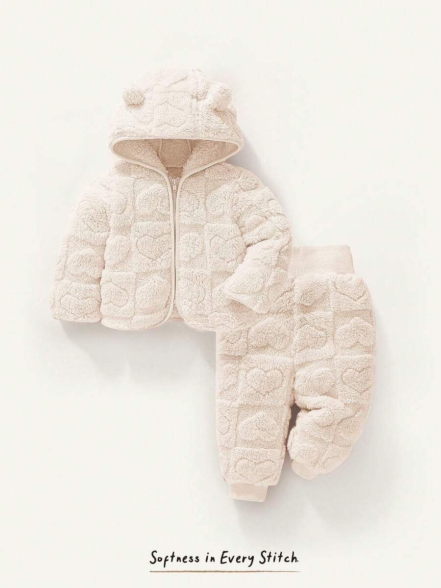 Cozy Pixies 女嬰時尚可愛保暖秋冬新款套裝，連帽粉色愛心圖案抓絨外套搭配遮肚長褲，中厚 2 件套 - 米色 - 查看 1