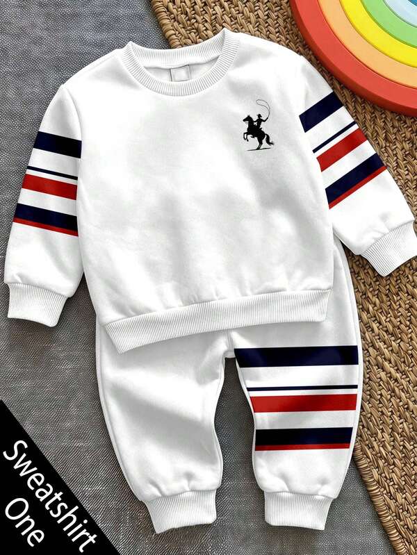 Young Boy Long Sleeve Crew Neck Sweatshirt, Classic Retro Casual Color Block Pattern Print, Exquisite Little Knight Logo Print, Suitable For Autumn/Winter, Back To School Season