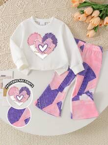 SHEIN Playful Pals 女嬰 2 件套可愛愛心印花丹寧風圓領長袖衛衣上衣喇叭褲 秋冬度假 嬰兒粉 粉色 派對 - 彩色 - 查看 6