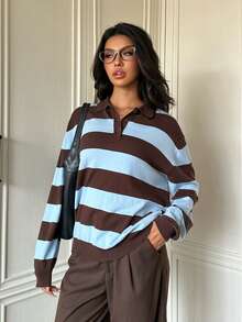 SHEIN EZwear 女款復古時尚鈕扣半開襟長袖條紋針織衫 - 彩色 - 查看 6