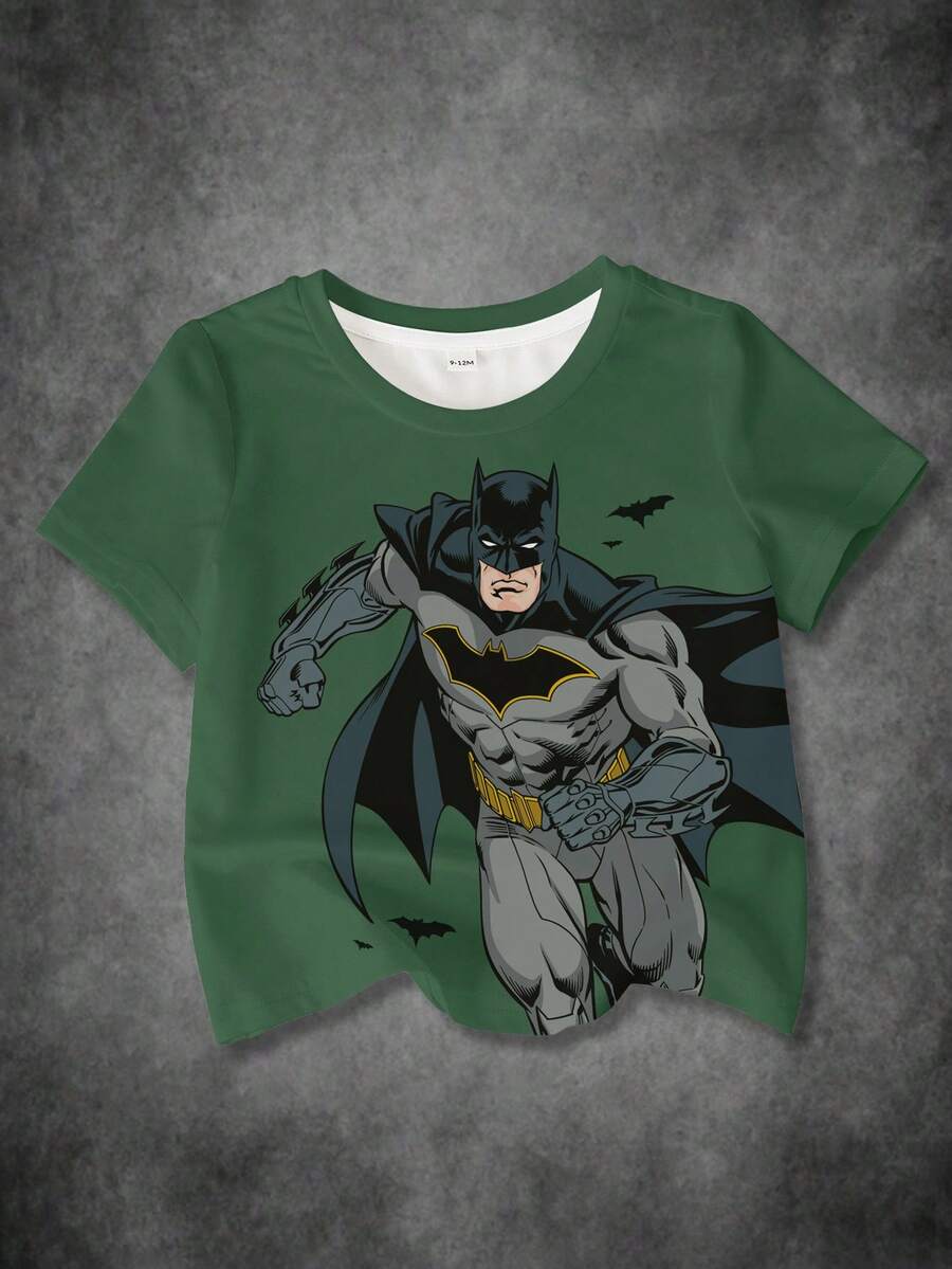 BATMAN X SHEIN 男婴卡通印花休闲百搭日常短袖上衣 - 白色 - 查看 1