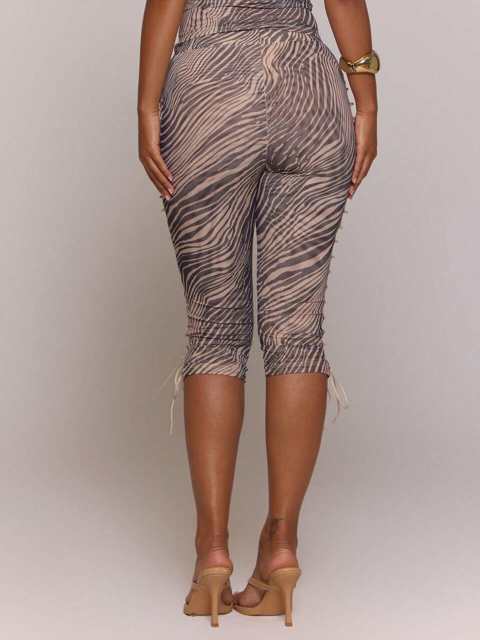 Tiger Print Elasticated Waist Lace Up Sides Fitted Capri Pants Coord Bottoms Only Cute Sexy Holiday Spring Summer Festival Cool Girl Vintage Evening P