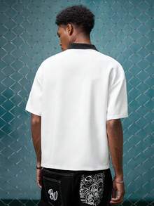 EVRINFINITE Men's Printed Relaxed Fit Short Sleeve Knit Polo Shirt, School, Streetwear Essentials - White - View 2