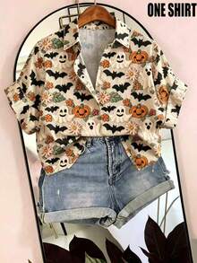 EMERY ROSE Plus Size Halloween Bat & Pumpkin Print Shirt - Multicolor - View 1