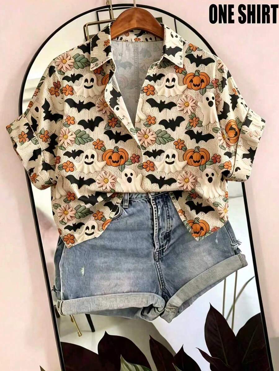 EMERY ROSE Plus Size Halloween Bat & Pumpkin Print Shirt - Multicolor - View 1