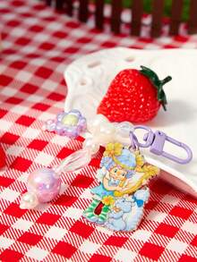 Strawberry Shortcake X SHEIN 1PC Purple Cartoon Flower Pearl Short Chain Car Keychain Pendant Bag Decoration - Multicolor - View 3