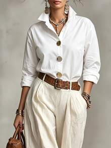 Weeklong Women's Plus Size Spring/Autumn Single Piece Stand Collar Metal Button White Shirt, Loose Drop Shoulder Style, Mature Casual Versatile Blouse Fall - White - View 7