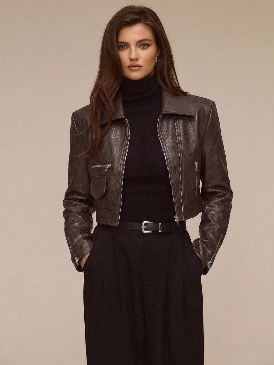ATUI Studio Women's Black Casual Loose Long Sleeve Leather Jacket, Autumn/Winter Fabric Off-Shoulder Zipper PU Cut Leather Jacket - Brown - View 1