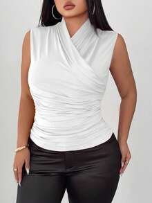 Elenzga Plus Size Women Solid Color Sleeveless Fitted Ruched Neckline Cross Strap Top - White - View 3