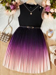 Tween Girl's Pleated Gradient Dress With Belt Summer Holiday - Multicolor - View 1