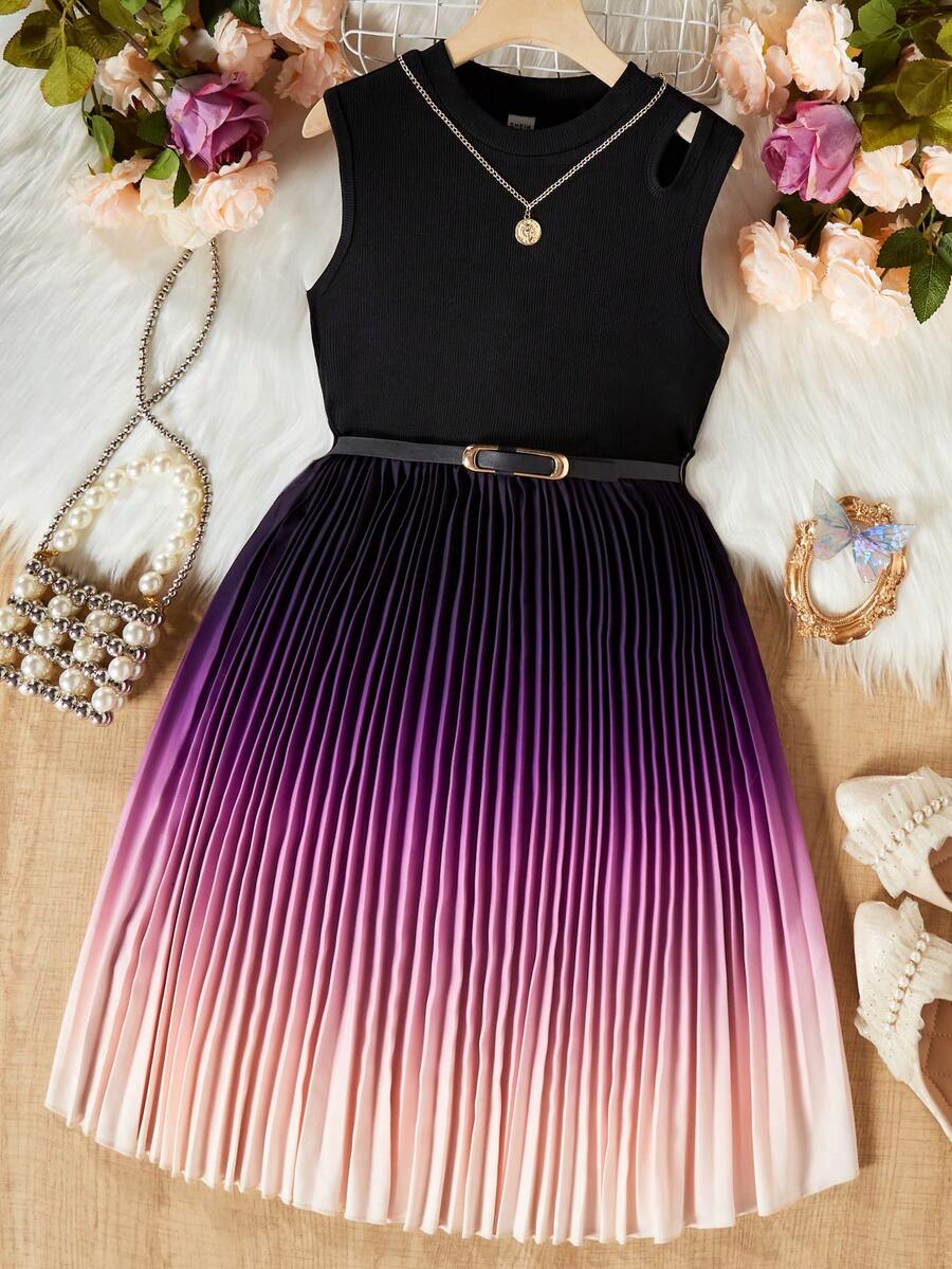 Tween Girl's Pleated Gradient Dress With Belt Summer Holiday - Multicolor - View 1