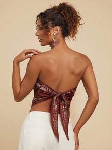 Travachic Women's Woven Paisley Print Tie Back Open Back Bandeau Top - Brown - View 2