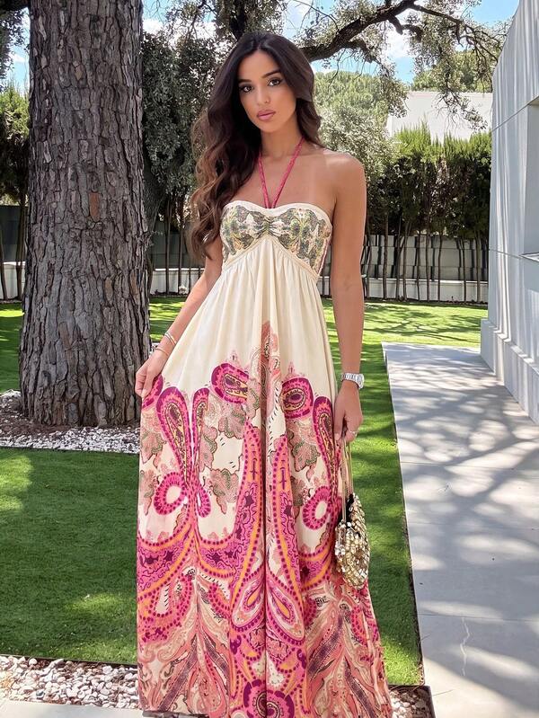 Maca Silvats Chiffon Tie-Dye Print Halter Neck Tie-Up Sleeveless Vacation Dress Party