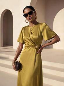 Zivah Women's Elegant Solid Color Waist-Cinching Long Dress - Mustard Yellow - View 12