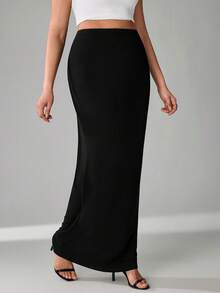 SHEIN Tall CURVE 大码女式休闲纯色长裙 - 黑色 - 查看 4