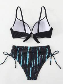 SHEIN Swim Swim Lushoire 2件組成熟熱帶性感女款泳衣，青藍孔雀綠繫帶式比基尼上衣搭配植物印花短褲套裝，夏季海灘適用 - 黑色 - 查看 4