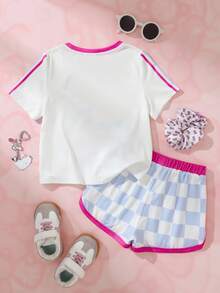 HELLO KITTY AND FRIENDS | SHEIN 少女卡通印花條紋拼接圓領T恤與格紋短褲套裝 - 白色 - 查看 2