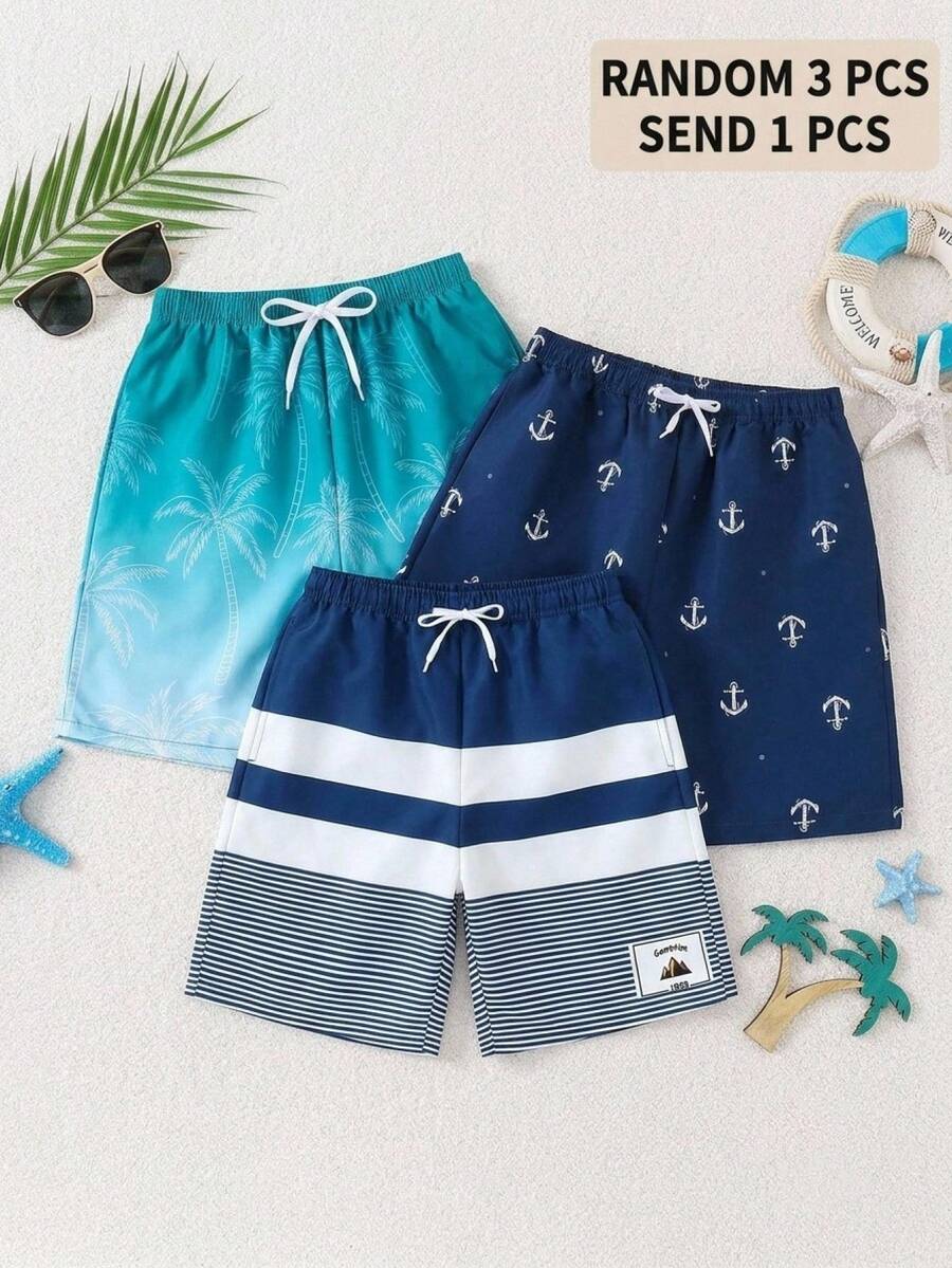 (Random 3 Pcs Send 1 Pcs ) Teen Boy Casual Minimalist Anchor Pattern Loose Swim Shorts, Suitable For Summer Vacation, Beach, Seaside, Swimming Pool - Navy Blue - View 1