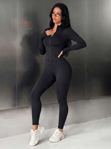 SHEIN Solid Color Slim Fit Jacket And Leggings Sports Set - Black - View 1