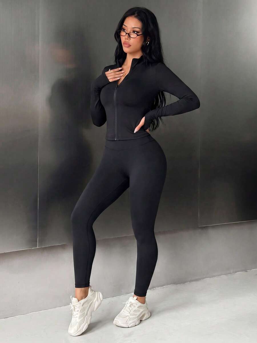 SHEIN Solid Color Slim Fit Jacket And Leggings Sports Set - Black - View 1