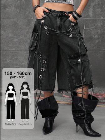 PETITE Pantalones de mezclilla de cintura baja, holgados, desgastados y resistentes, estilo punk callejero, de largo medio para mujeres pequeñas