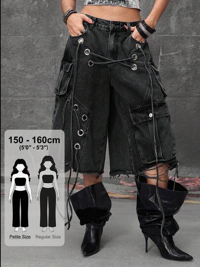 Pantalon en jean mi-long taille basse ample et usé style street punk robuste pour femmes de petite taille