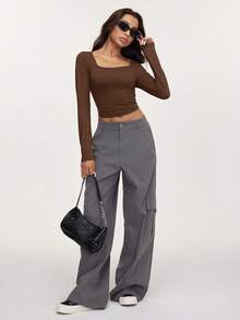 SHEIN Tall CURVE 3 قطع تي شيرت نسائي مقاس كبير بلون موحد وياقة مربعة بقصة ضيقة متعددة الاستخدامات للاستخدام اليومي بأكمام طويلة - متعدد الألوان - مشاهدة 5