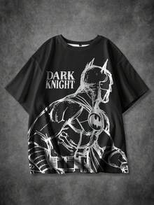 BATMAN X SHEIN 加大码男士休闲卡通人物图案圆领短袖T恤，夏季 - 白色 - 查看 1