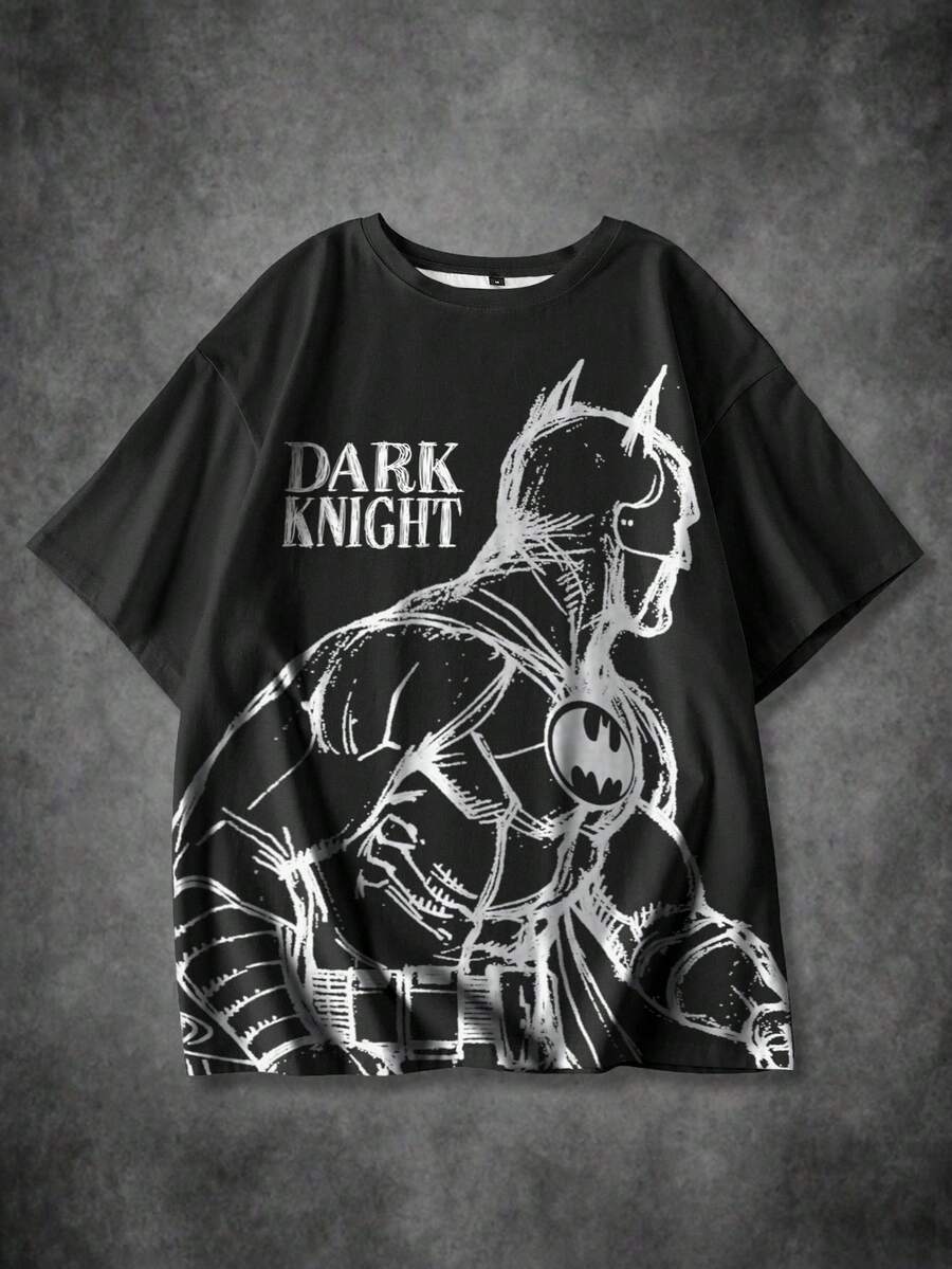 BATMAN X SHEIN 加大码男士休闲卡通人物图案圆领短袖T恤，夏季 - 白色 - 查看 1