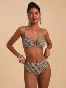 Travachic Plus Size Women's Summer Beach Plaid Pattern Cutout Neckline Bikini Bra And Swim Bottoms 2 Pieces Set Bathing Suits For Women - Brown - View 5