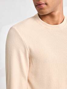 Driftmere Men's Minimalist Fashionable Ribbed Knit Tee, For Fall, Long Sleeve Top - Apricot - View 6