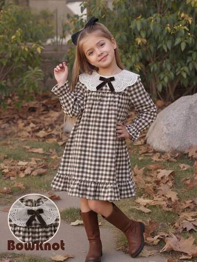 Emery Rose Kids Emery Rose Kids Young Girl Young Girl Young Girl Young Girl Bow Decor Plaid Long Sleeve Dress